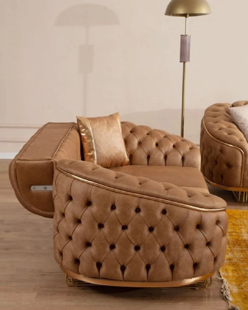 Luxus Chesterfield Wohnzimmer Set Vintage Braun / Messing - 2 Luxus Chesterfield Sofas & 2 Luxus Chesterfield Sessel - Wohnzimmer Möbel - Luxus Möbel - Chesterfield Möbel