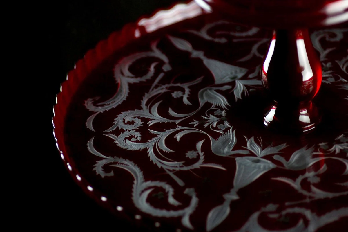 Luxury cake plate red / silver Ø 32 x H. 12 cm - Handmade and hand-engraved glass cake plate - Hotel & Restaurant Accessories - Luxury quality