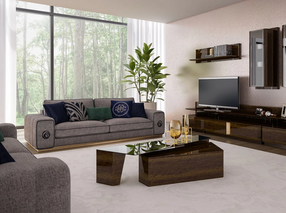 Luxury living room sofa gray / black / gold 220 x 100 x H. 65 cm - Noble living room furniture - Luxury furniture