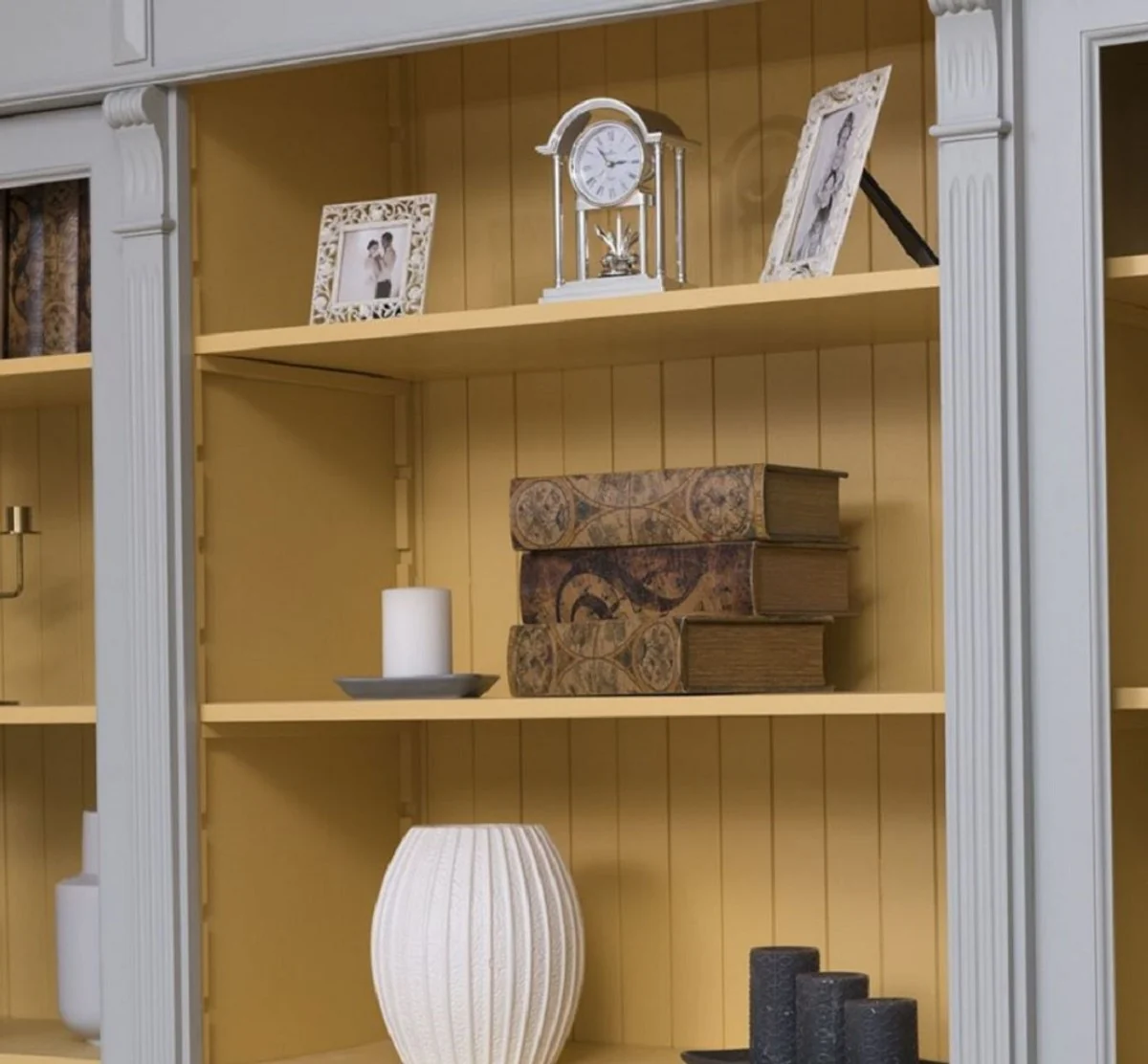 Country house style living room cabinet gray / yellow 286 x 51 x H. 228 cm - solid wood cabinet - bookcase - shelf cabinet - country house style furniture