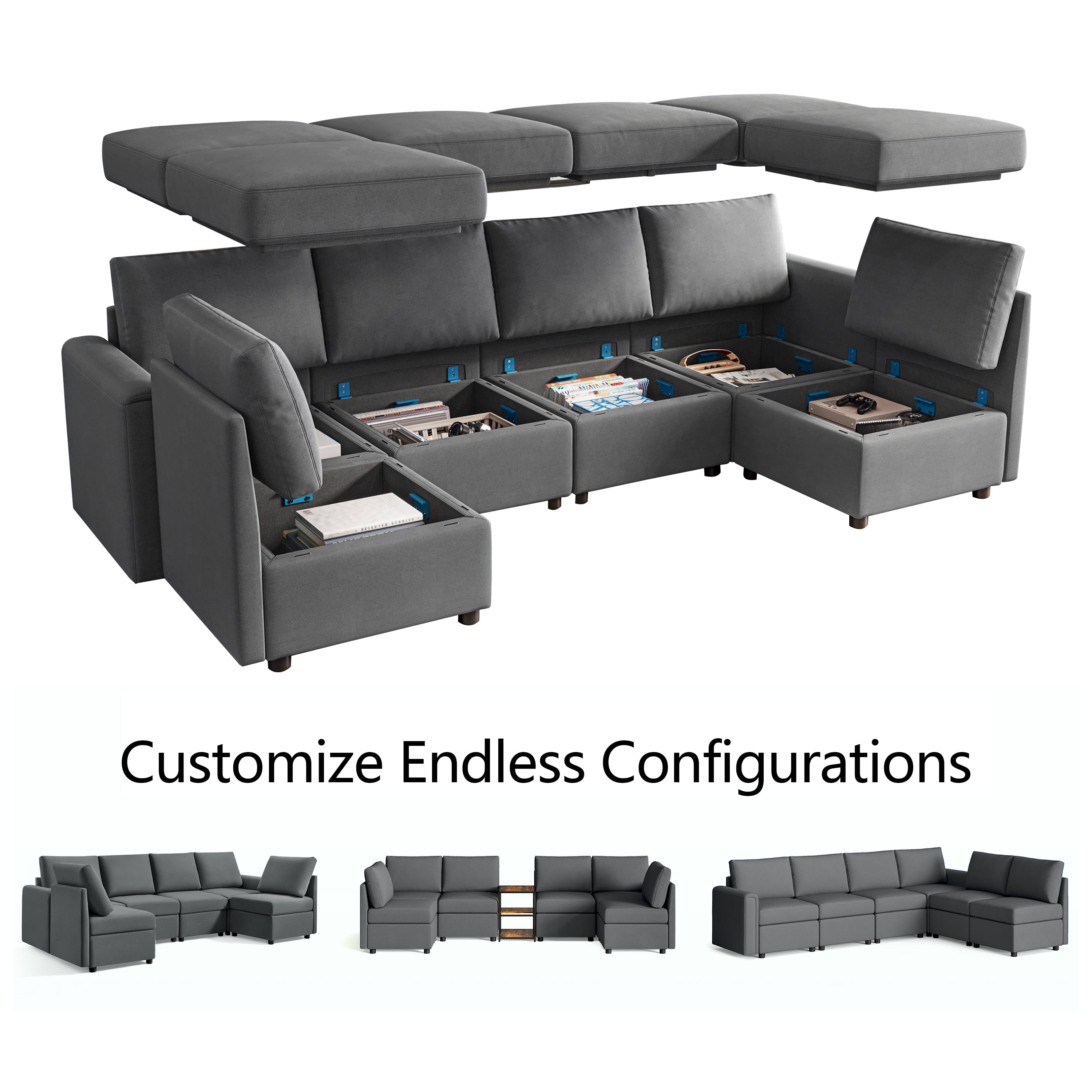 LINSY HOME Modulare Couches und Sofas Sektional mit Lager Sektional Sofa U Formed Sektional Couch mit reversible Chaises, Dark Gray