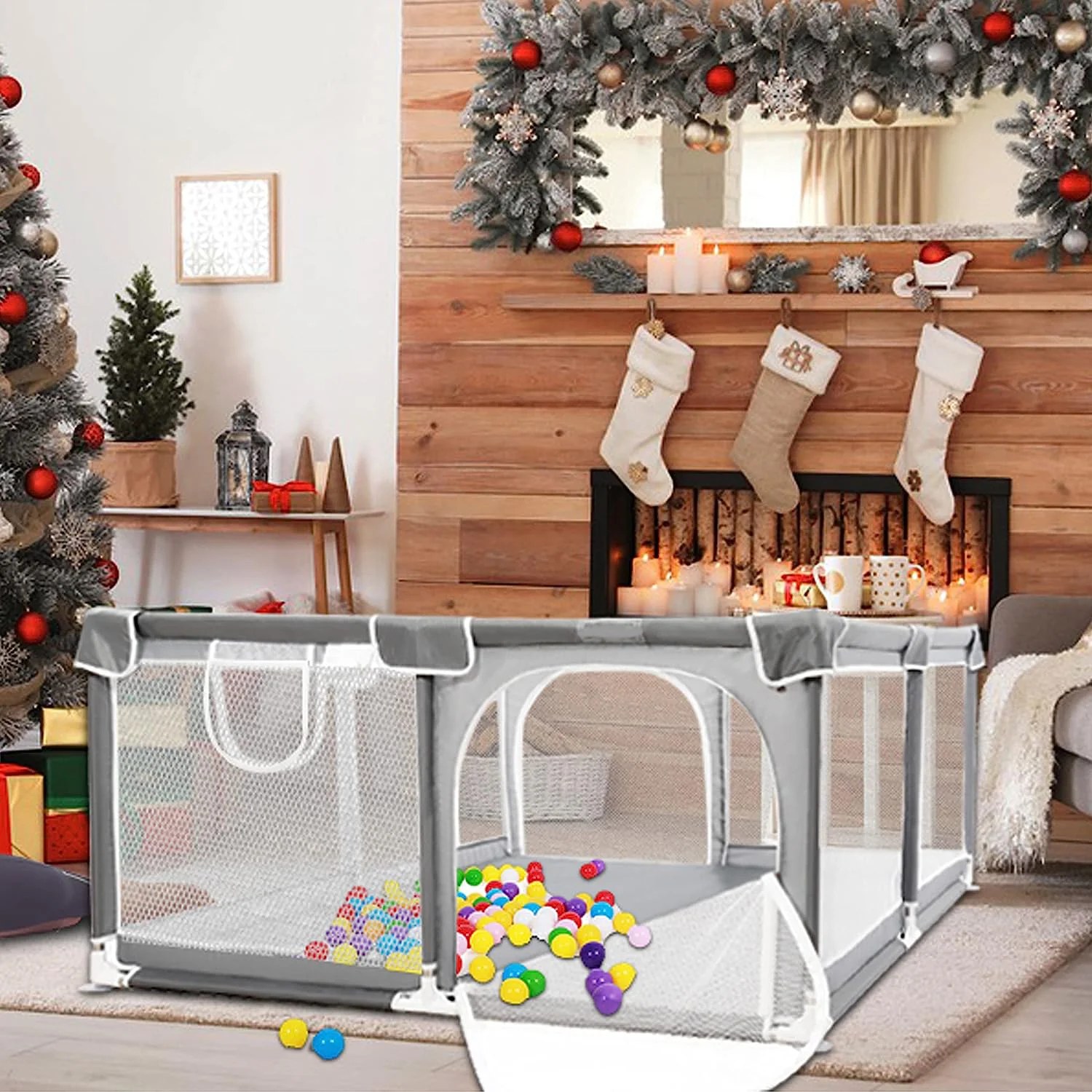 Baby-Laufstall, 127 x 127 cm, Pack N Play, Laufstall, Babygitter, Kinderaktivitätscenter, Laufstall für Babys und Kleinkinder, für drinnen und draußen (schwarz)