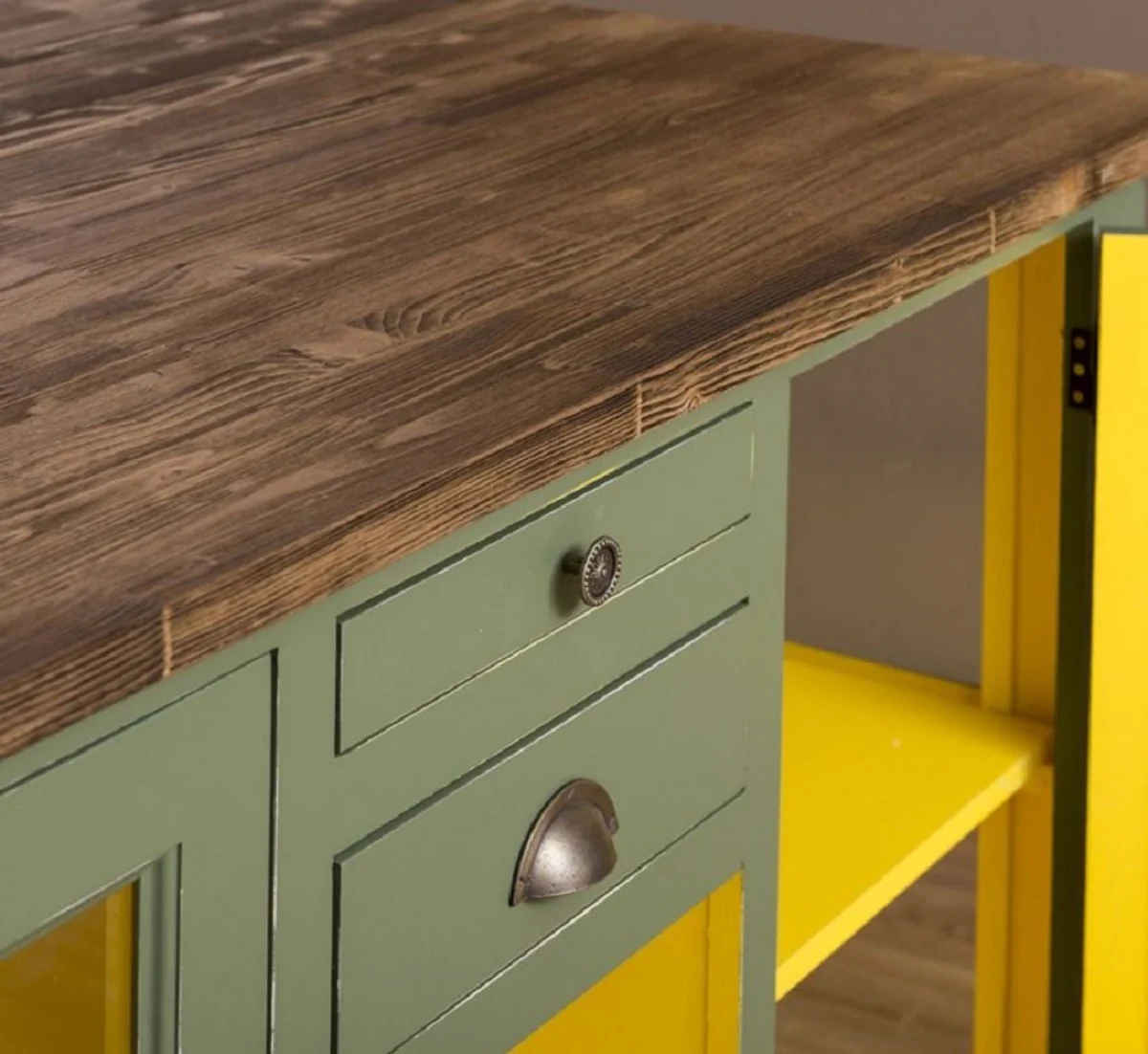 Country house style kitchen island green / yellow / brown 150 x 90 x H. 90 cm - solid wood kitchen cabinet - country house style solid wood kitchen furniture - solid wood dining room furniture in country house style