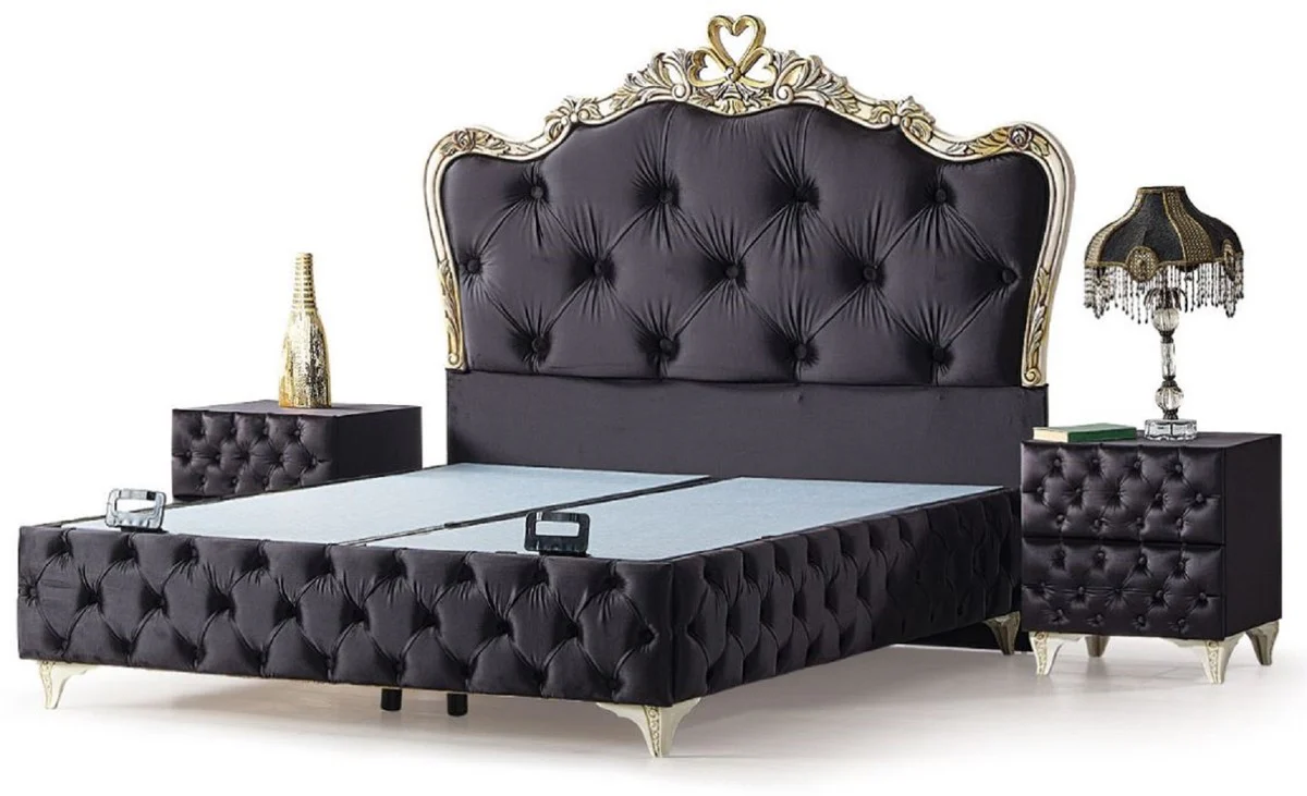 Luxury Baroque Bedroom Furniture Set Black / Cream / Gold - Various Sizes - 1 Baroque Double Bed with Mattress & 2 Baroque Nightstands - Baroque Bedroom & Hotel Furniture
