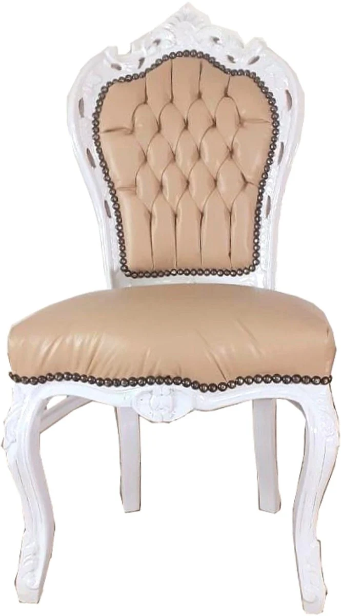 Baroque dining room chair beige / white 53 x 57 x H. 108 cm - Handcrafted antique style solid wood chair with elegant faux leather - Baroque dining room furniture