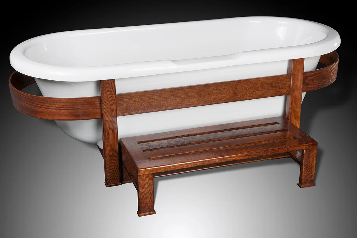 Luxury retro bathtub white / dark brown 178 x 76 x H. 73 cm - Freestanding bathtub with wooden frame and step - Retro bathroom furniture