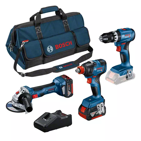 BOSCH COMBI-KIT 3 OUTILS 18V : GSB 18V-45 + GDX 18V-200 + GWS 18V-7 + 2 BATTERIES 5,0 AH + GAL 18V-40 + SAC M (C)