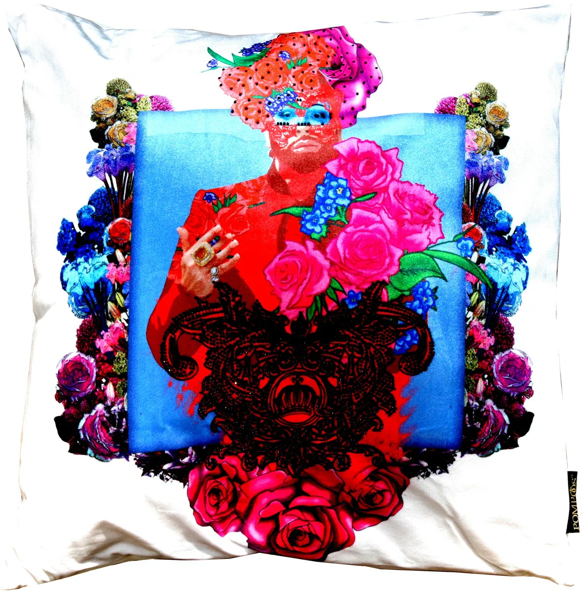 Harald Glööckler Designer Decorative Cushion Pompöös by with Glitter Stones Pink Roses - Art Collection -