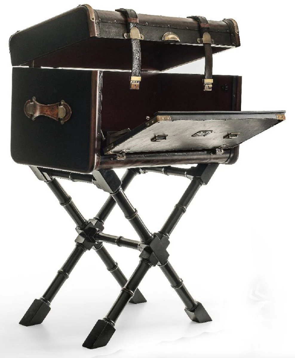 Luxury leather minibar in suitcase look dark brown / black / brass 45.5 x 45.5 x H. 73 cm - real leather minibar - bar furniture - real leather furniture - luxury furniture in suitcase look