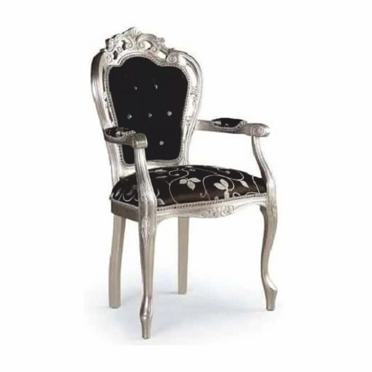 Luxury baroque dining room chair with armrests and rhinestones black / silver H. 102 cm