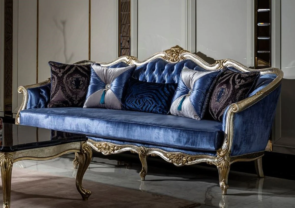 Luxury Baroque Sofa Blue / Silver / Gold - Handmade Living Room Sofa with Decorative Pillows - Baroque Living Room Furniture