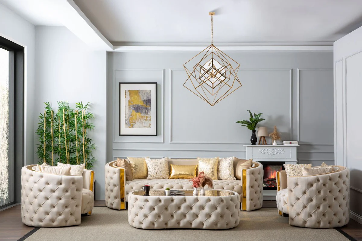 Luxury Chesterfield 3-seater sofa cream / gold 260 x 100 x H. 75 cm - Chesterfield living room sofa - living room furniture - Chesterfield furniture - luxury furniture - luxury furnishings - furniture luxury