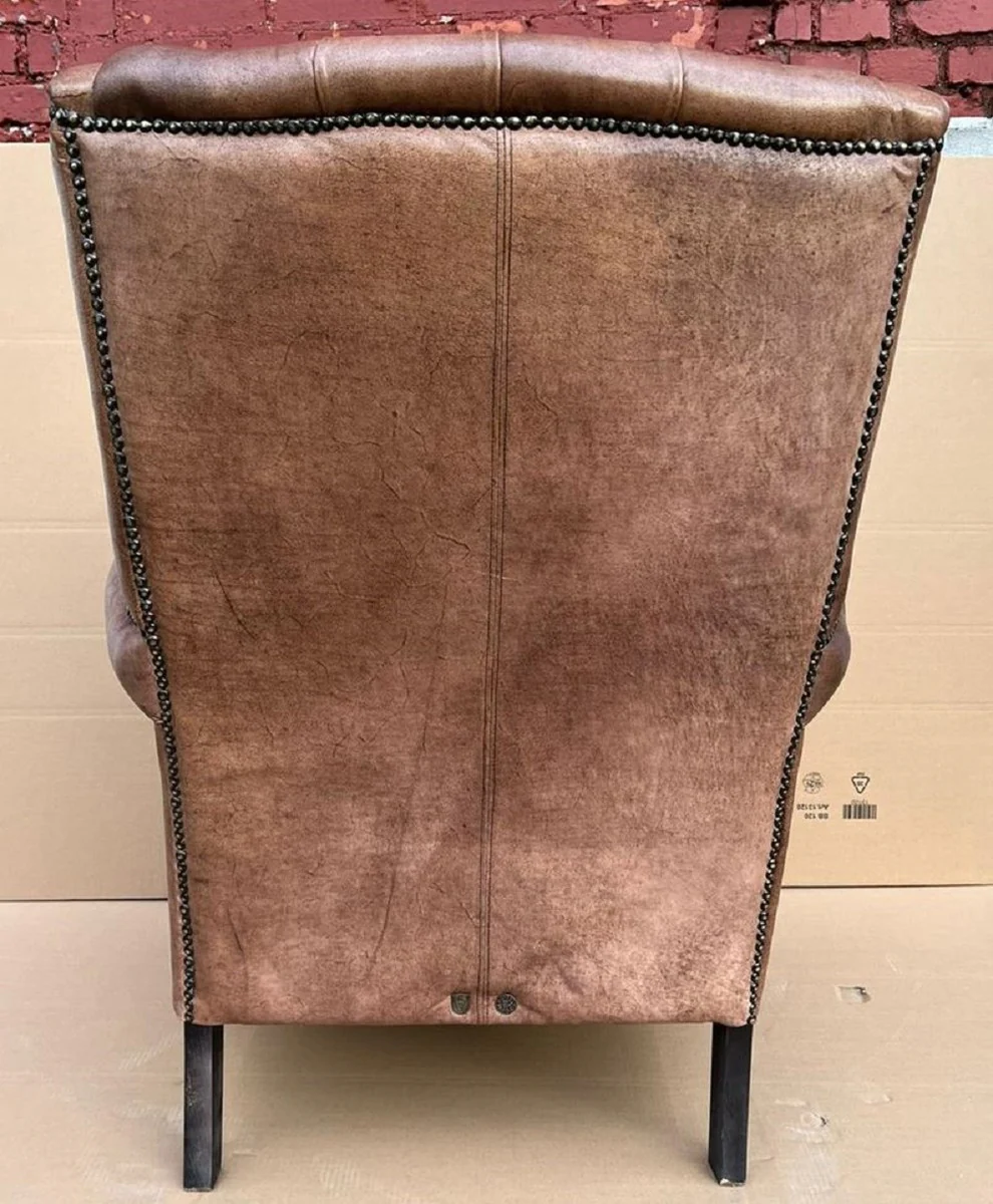 Luxury genuine leather Chesterfield wing chair vintage brown / black living room armchair leather