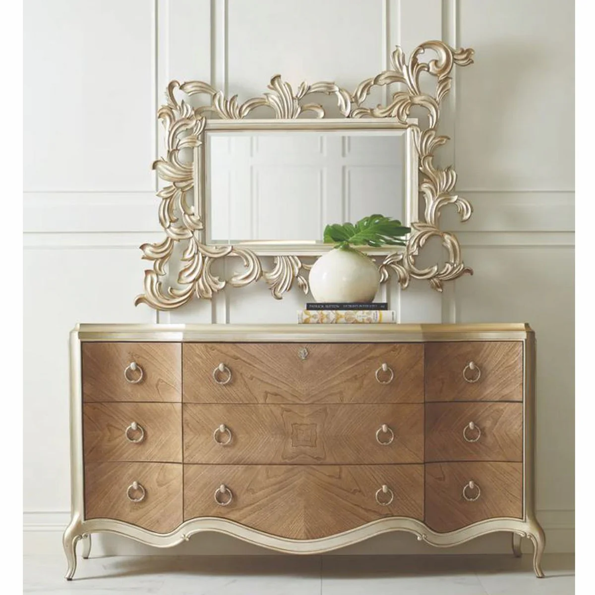 Luxury baroque chest of drawers with 9 drawers brown / champagne gold 185 cm