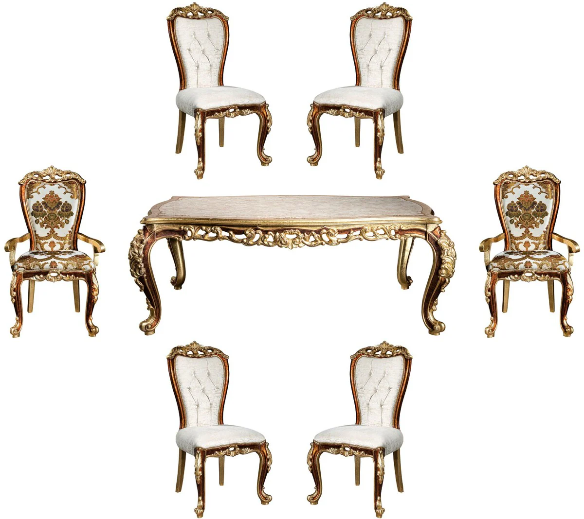 Luxury baroque dining room set white / gold / brown / gold - 1 dining room table & 6 dining room chairs - Noble dining room furniture in baroque style - noble & magnificent