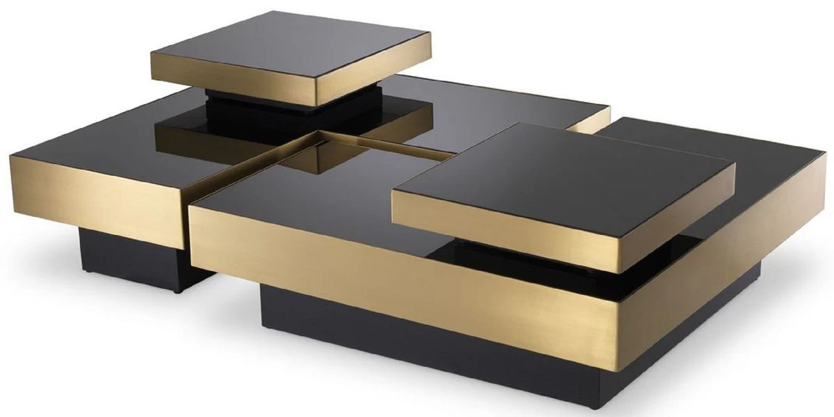 Luxury coffee table set brass / black - 2 L-shaped living room tables with 2 square trays - Living room furniture - Luxury collection