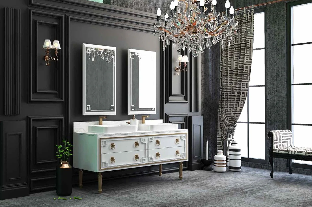 Luxury bathroom set white / gold - 1 vanity unit with 4 drawers and 2 sinks and 2 wall mirrors - luxury bathroom furniture