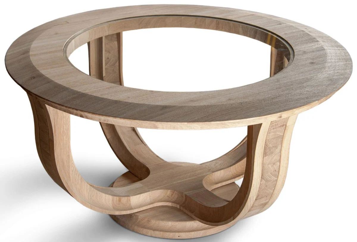 Luxury solid wood coffee table natural colors Ø 73 x H. 43 cm - Round oak wood living room table with glass top - Solid wood living room furniture