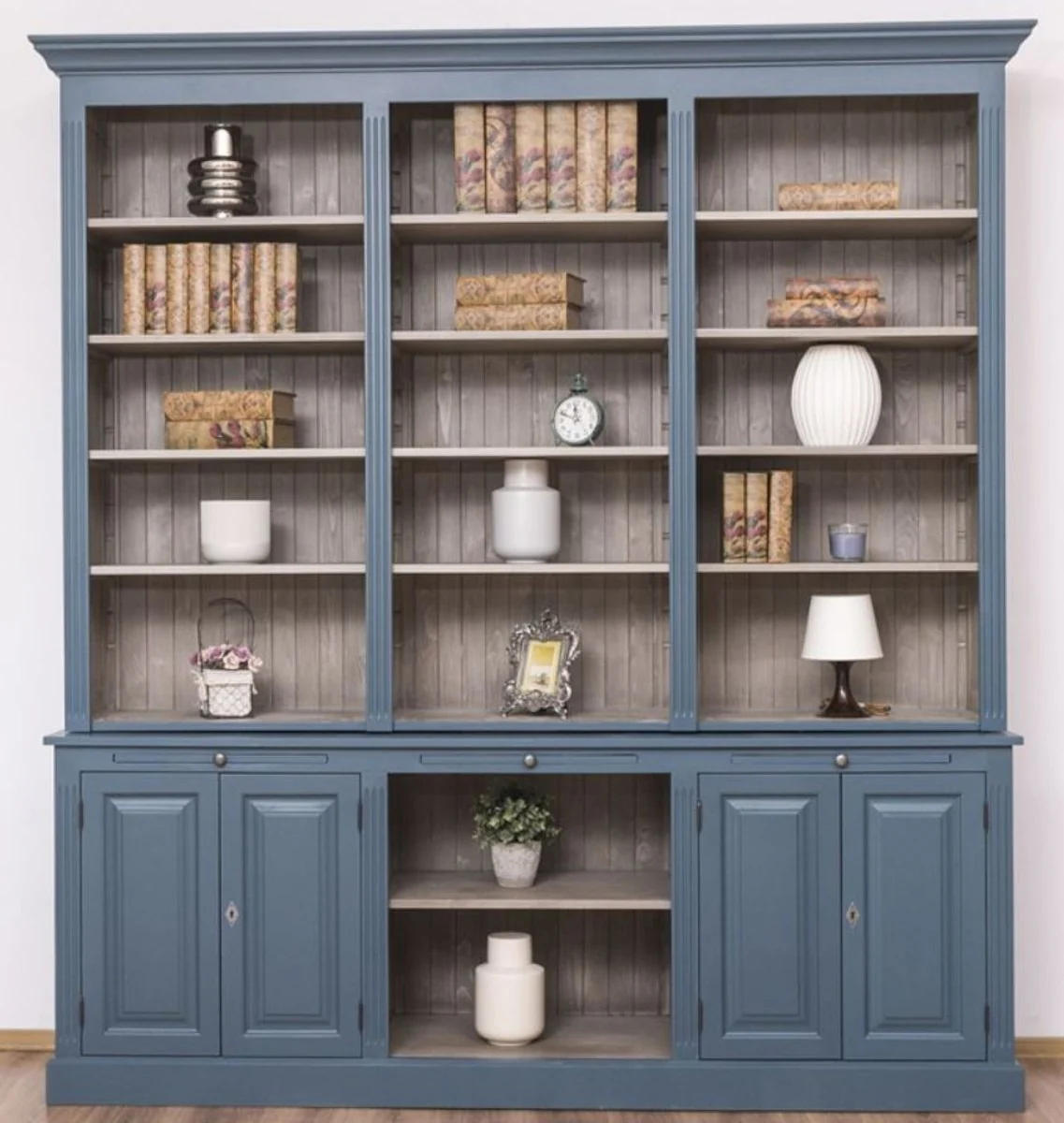 Country house style living room cabinet blue / gray 229 x 51 x H. 244 cm - solid wood cabinet - bookcase - shelf cabinet - country house style furniture
