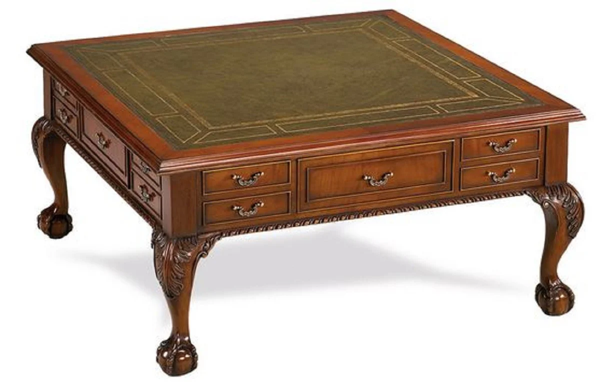Luxury baroque coffee table dark brown / green 100 x 100 x H. 49 cm - baroque style living room table with 20 drawers - luxury living room furniture in baroque style - baroque furniture