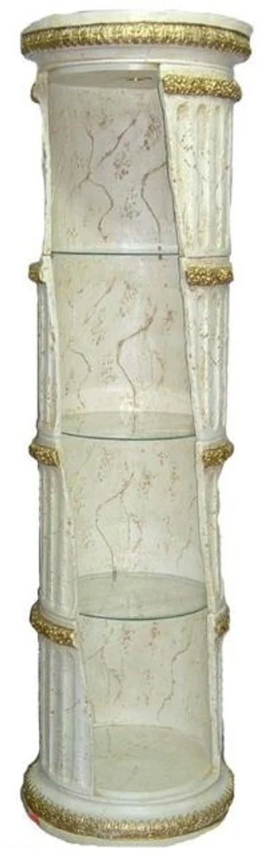 Baroque column cabinet white / gold H. 202 cm - Round display cabinet - Illuminated living room cabinet with glass shelves - Baroque furniture