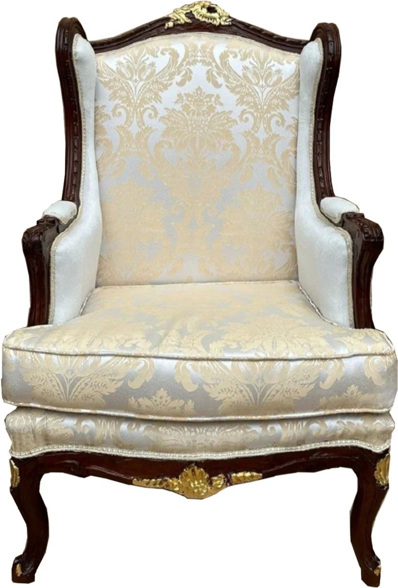 Barock Ohrensessel Beige / Dunkelbraun / Gold - Barock Wohnzimmer Möbel