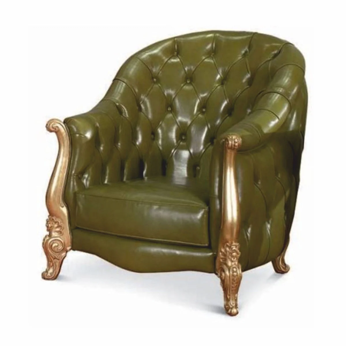 Luxury Baroque Chesterfield Real Leather Armchair Green / Gold - Made in Italy