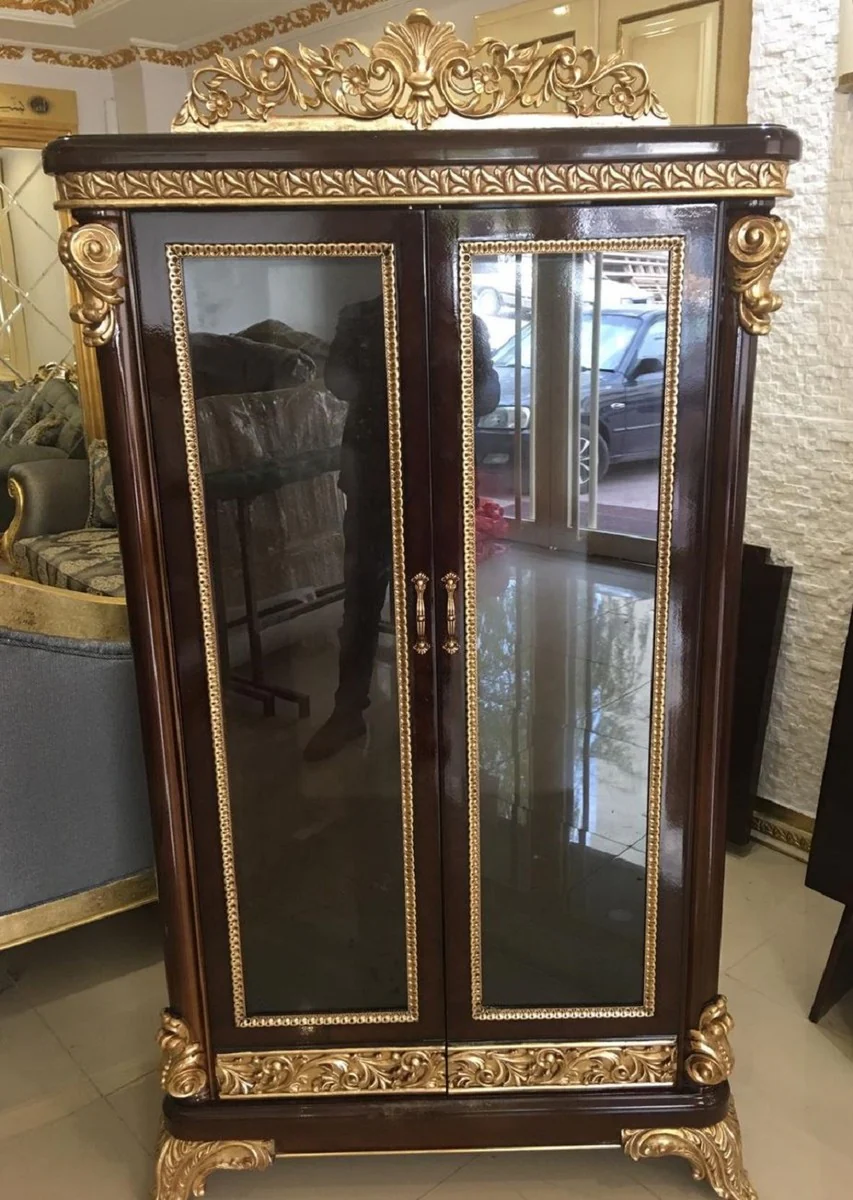 Luxury baroque bookcase dark brown / gold - magnificent solid wood cabinet with 2 glass doors - handmade baroque office furniture - noble and magnificent
