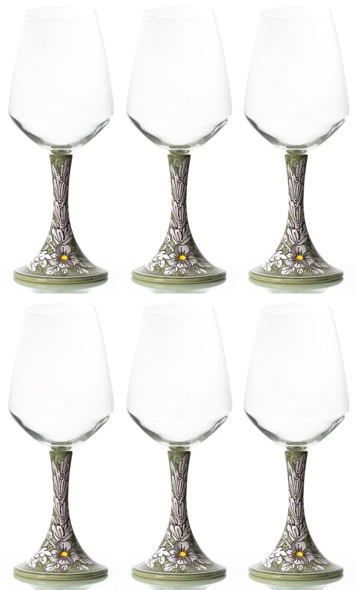 Luxury ceramic wine glasses set of 6 olive green / multicolored H. 23.5 cm - Handmade & hand-painted wine glasses - Hotel & Restaurant Accessories - Luxury quality - Made in Italy