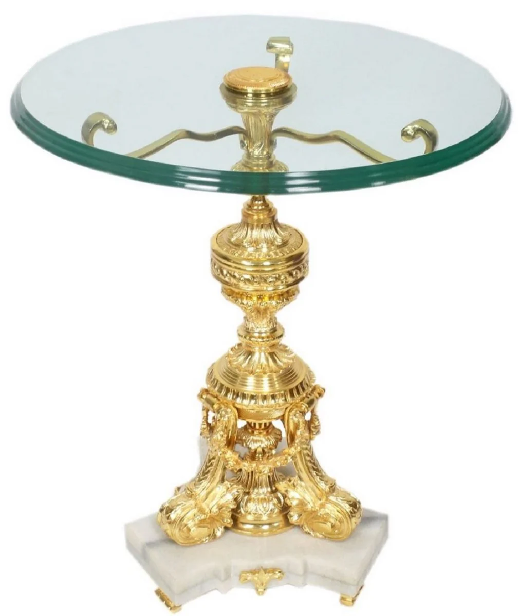 Baroque side table gold / white Ø 53 x H. 67 cm - Round gold-plated bronze table with glass top and marble base - Baroque living room furniture