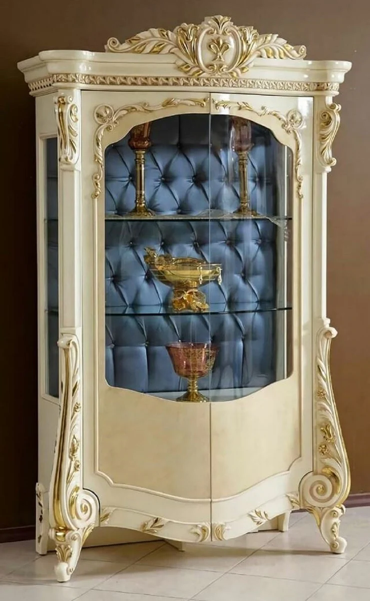 Luxury baroque display cabinet beige / white / gold / blue - magnificent solid wood display cabinet with 2 glass doors - handmade baroque furniture - noble and magnificent