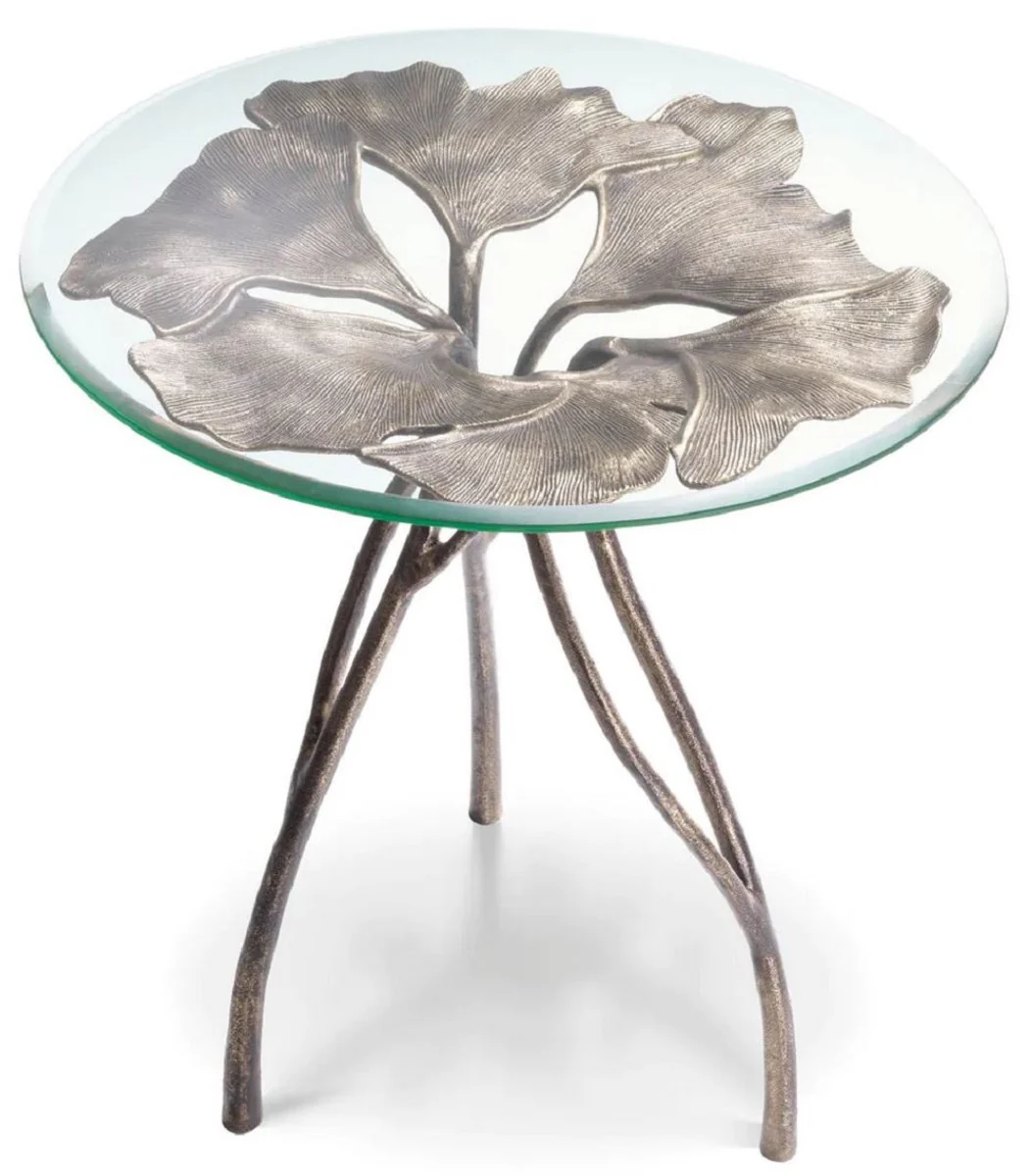 Luxury side table vintage brass Ø 58 x H. 56.5 cm - Round aluminum table with glass top - Luxury furniture - Living room furniture - Hotel furniture - Luxury furnishings