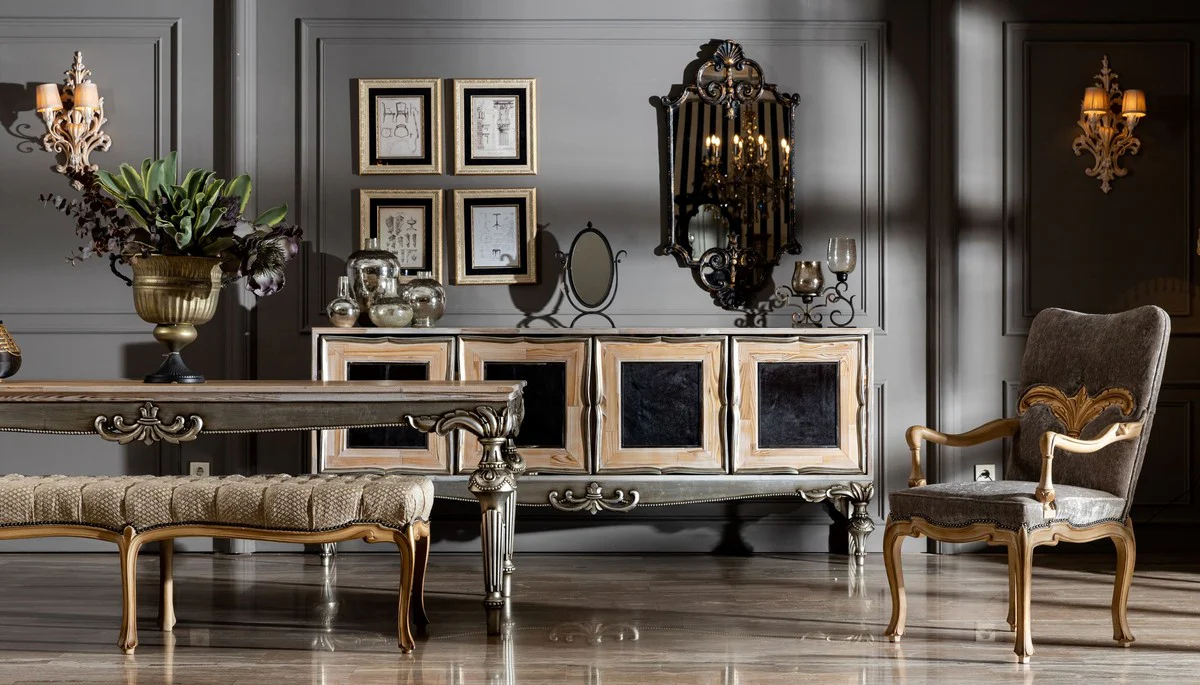 Luxury baroque dining room chair with armrests gray / natural colors - magnificent solid wood chair in baroque style - baroque dining room furniture