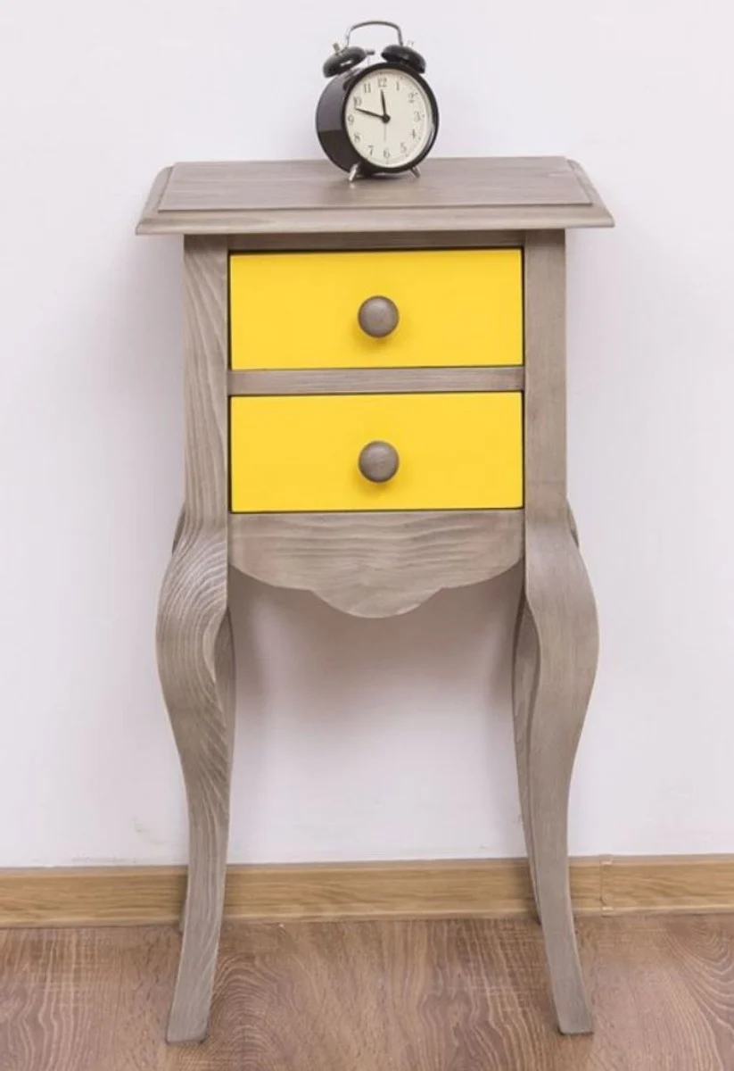 Country house style side table light gray / yellow 40 x 34 x H. 70 cm - Solid wood bedside table - Small bedroom chest of drawers with 2 drawers - Country house style furniture
