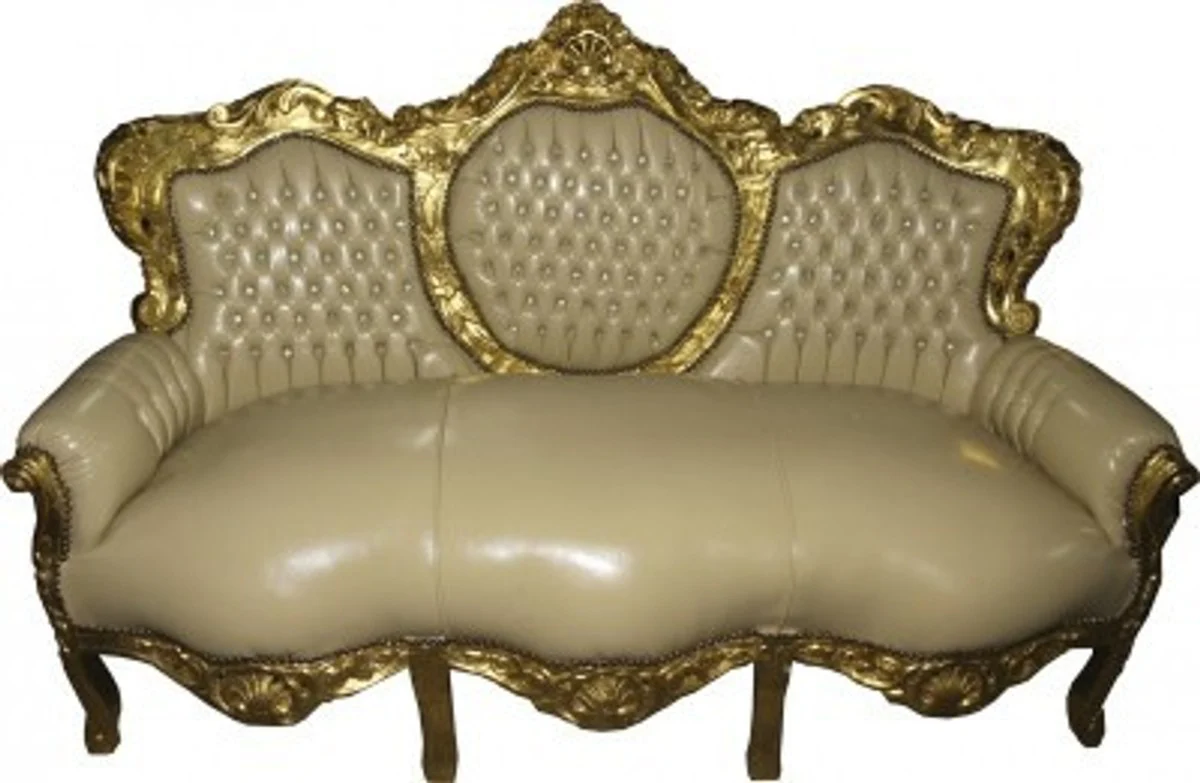 Baroque sofa set Master cream leather look / gold with bling bling stones
