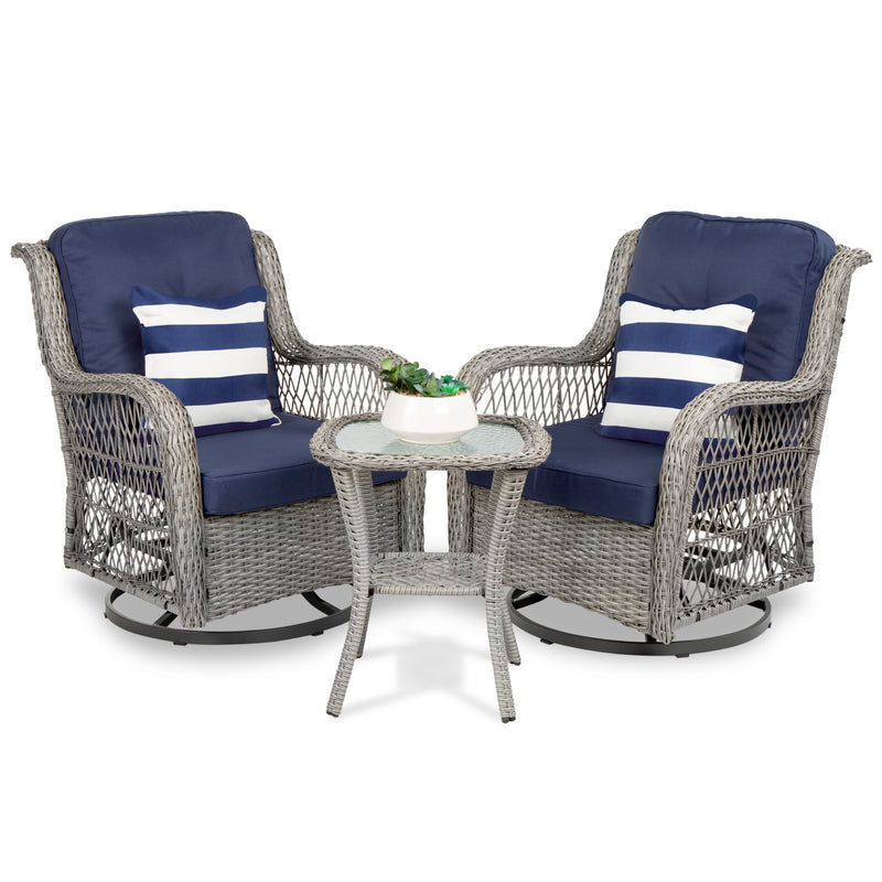 3-Piece Patio Wicker Bistro Möbel Set mit 2 Swivel Rocking Stühlen, Tisch