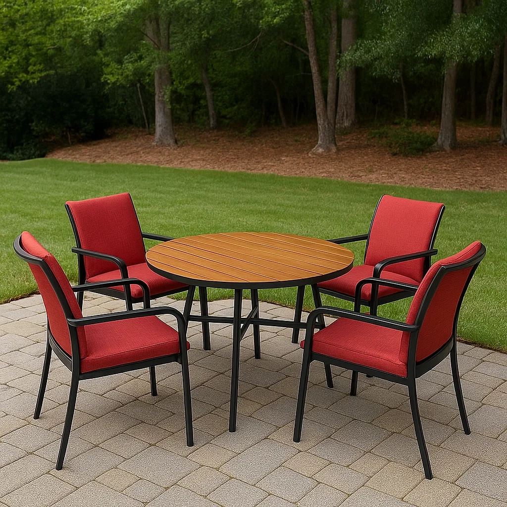 4-Sitzer-Gartentisch mit Stühlen, Aluminium und braun-rotes Holz, rundes Set, Tischdurchmesser 90 x 72 cm, Stuhl 58 x 60 x 88 cm, für Terrasse und Garten - nXtTEJB1sDo8