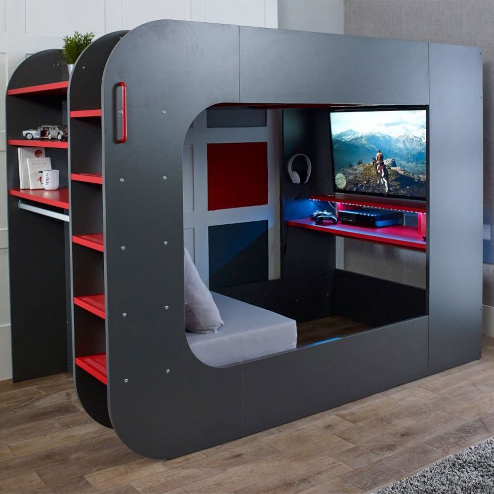 PodBed Grey und Red Gaming High Sleeper mit grauem Sofa