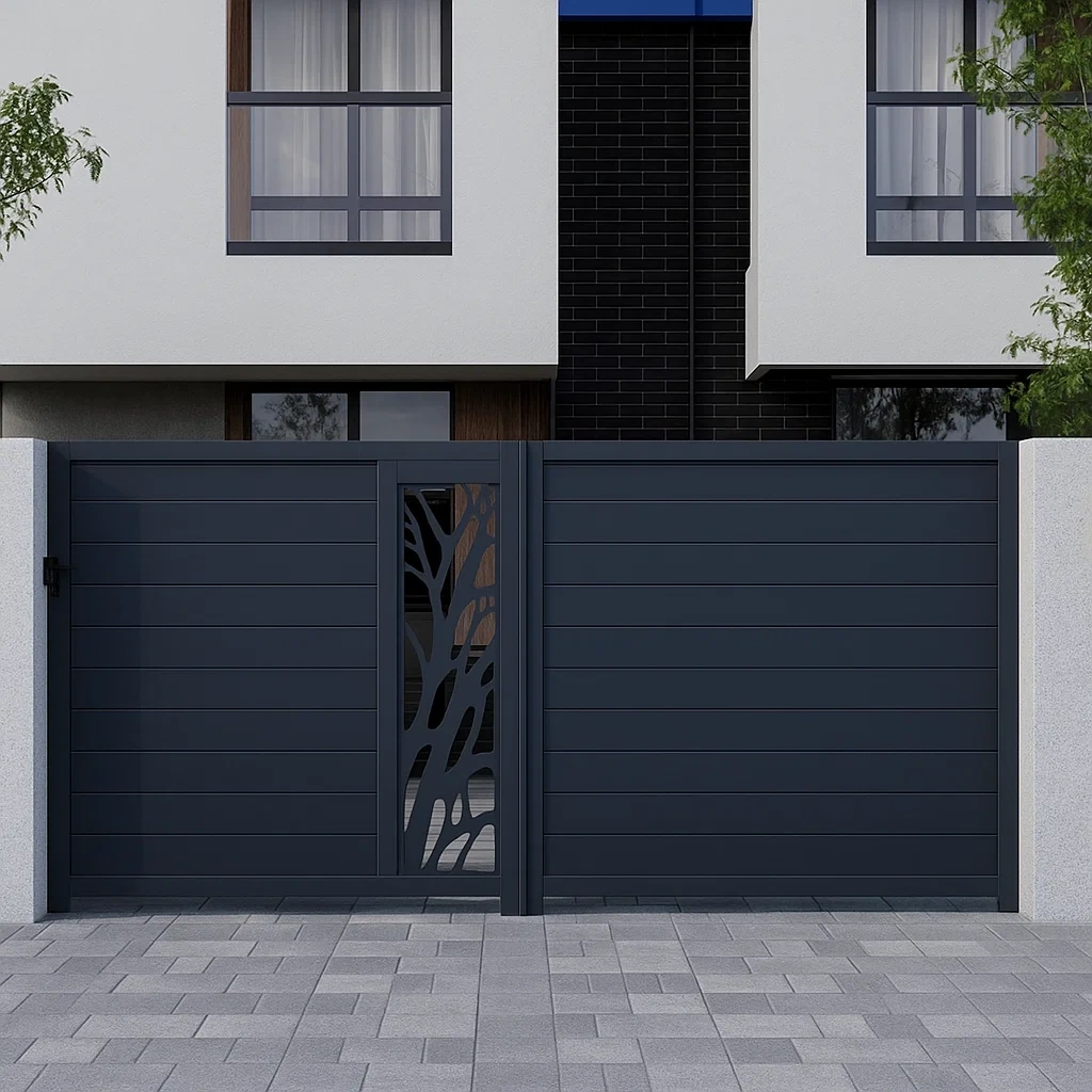 Schiebetor ohne Motor mit Zierelementen – Anthrazitgrau – Aluminium – Außen – 400 × 4,5 × 187,3 cm – l1JvNoisE02G