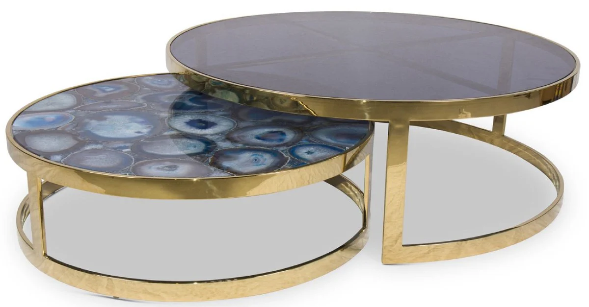 Luxury coffee table set blue / gold - 2 round living room tables with agate gemstone and glass top - luxury quality - luxury living room furniture