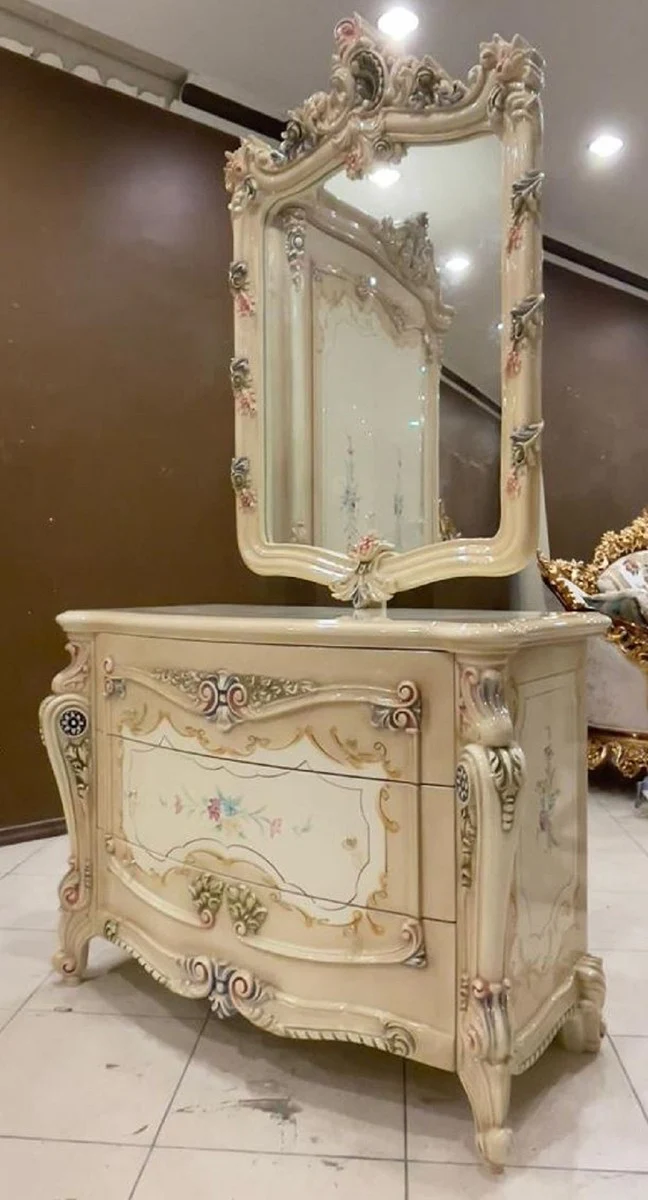 Luxury baroque chest of drawers with wall mirror beige / cream / multicolored
