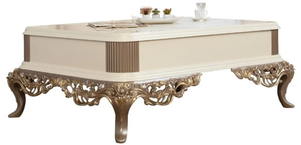 Luxury Baroque Living Room Set Brown / White / Gold - 2 Sofas & 2 Armchairs & 1 Coffee Table - Magnificent Baroque Living Room Furniture