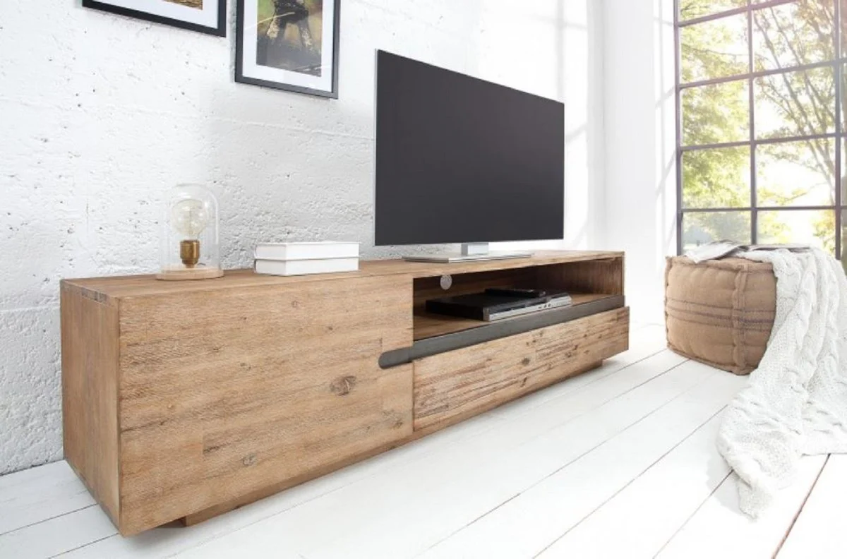 Designer TV cabinet with door and drawer natural color / teak gray 170 x 42 x H. 46 cm - sideboard - handmade from solid wood!