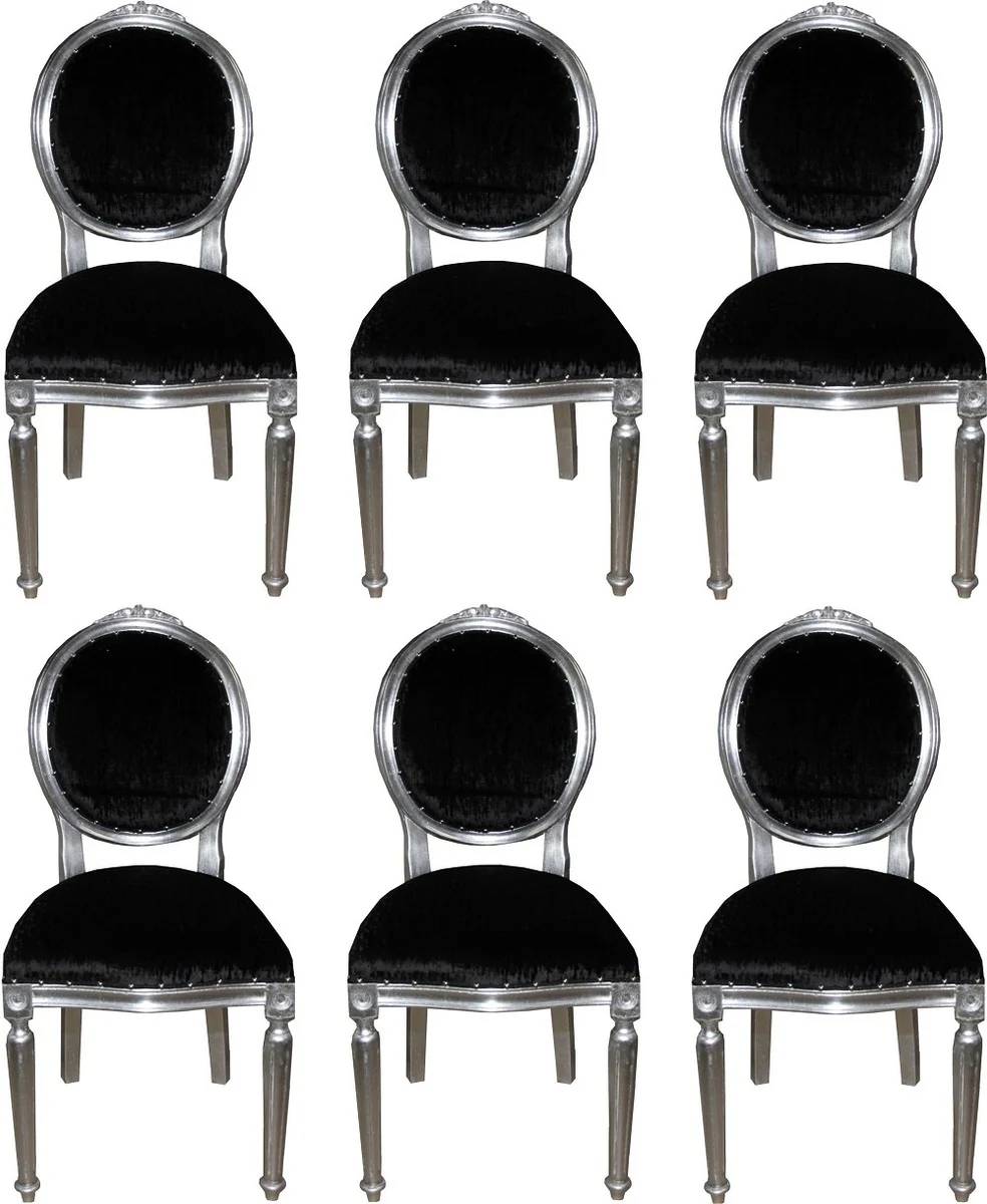 Luxury Baroque dining room set medallion black / silver 50 x 52 x H. 99 cm - 6 handmade dining chairs - Baroque dining room furniture