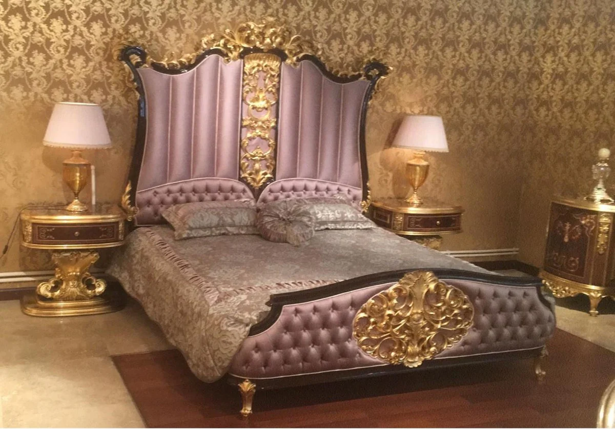 Luxury baroque bedroom set pink / dark brown / gold - 1 double bed with headboard & 2 nightstands - high-quality bedroom furniture in baroque style - noble and magnificent