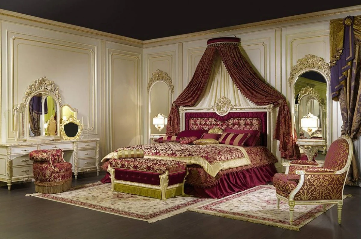 Luxury Baroque bedroom set Bordeaux red / white / gold - 1 double bed with headboard & 1 canopy & 1 bench - Baroque bedroom furniture - noble & magnificent