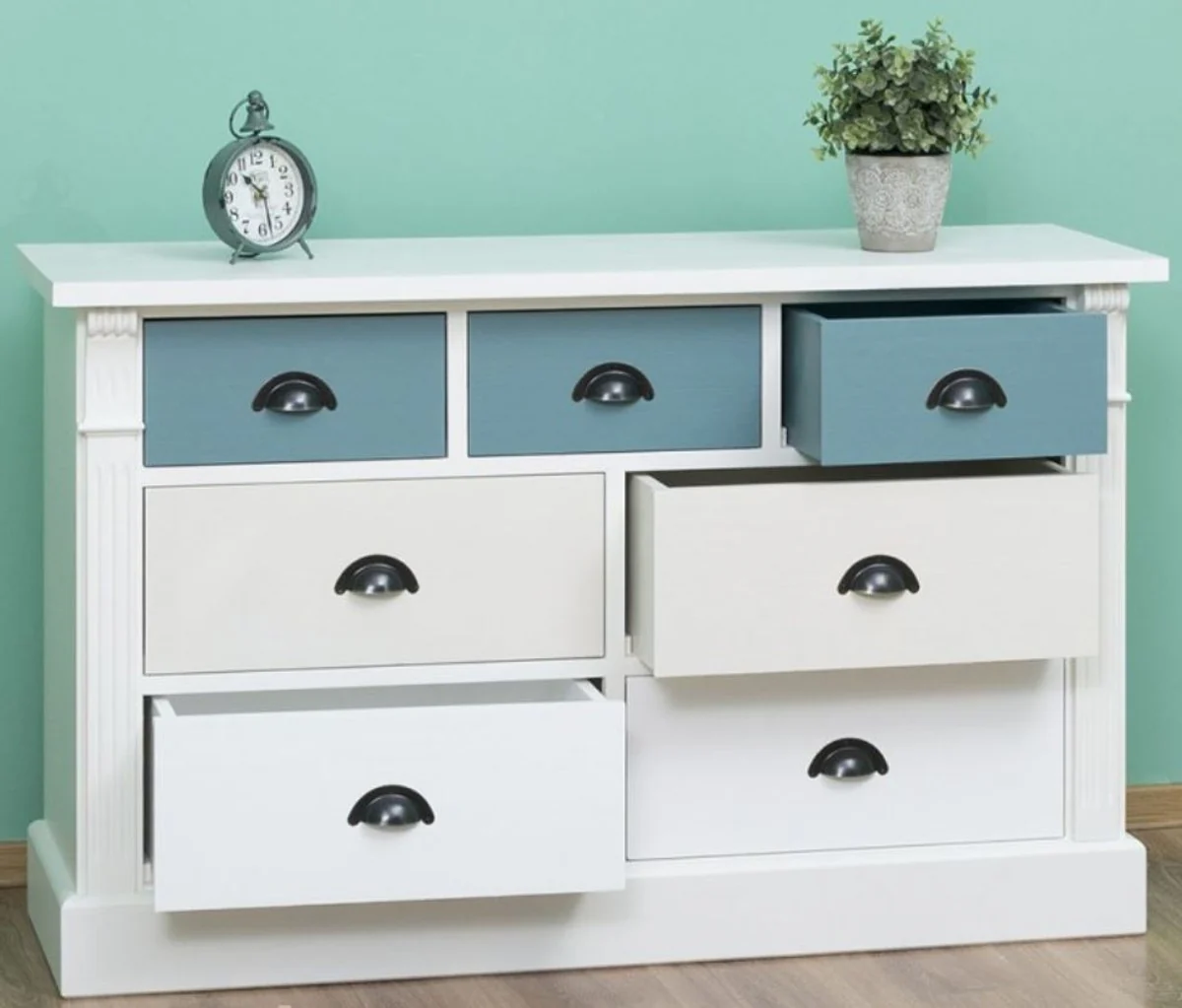 Country house style chest of drawers with 7 drawers white / cream / light blue 122 x 41 x H. 75 cm - solid wood furniture