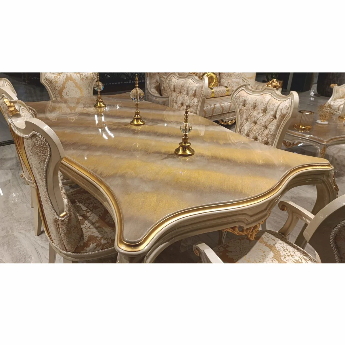 Luxury Baroque Dining Table Gray / Gold 226 cm - Baroque Dining Room Furniture
