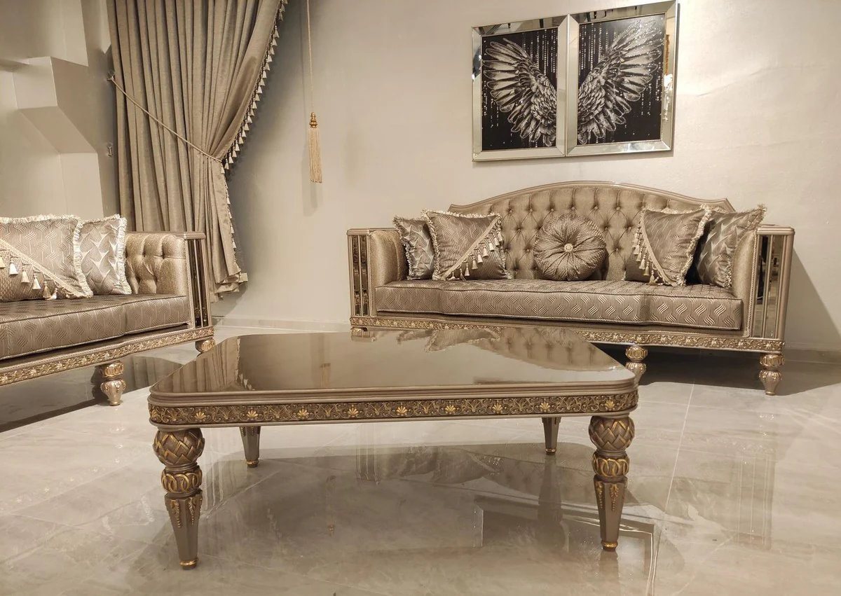 Luxury Baroque Living Room Set Gold / Gray / Gold - 2 Baroque Sofas & 2 Baroque Armchairs & 1 Baroque Coffee Table - Luxury Living Room Furniture in Baroque Style - Baroque Furniture - Noble & Magnificent