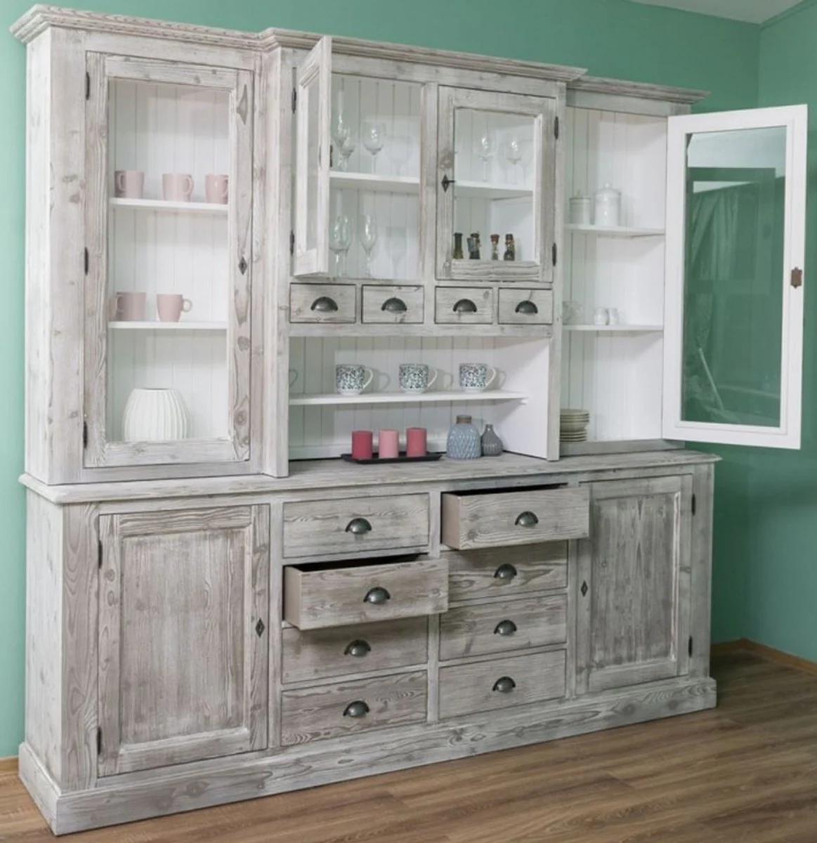 Country house style kitchen cabinet gray / white 244 x 47 x H. 225 cm - 2-part cabinet with 6 doors and 12 drawers - country house style kitchen furniture